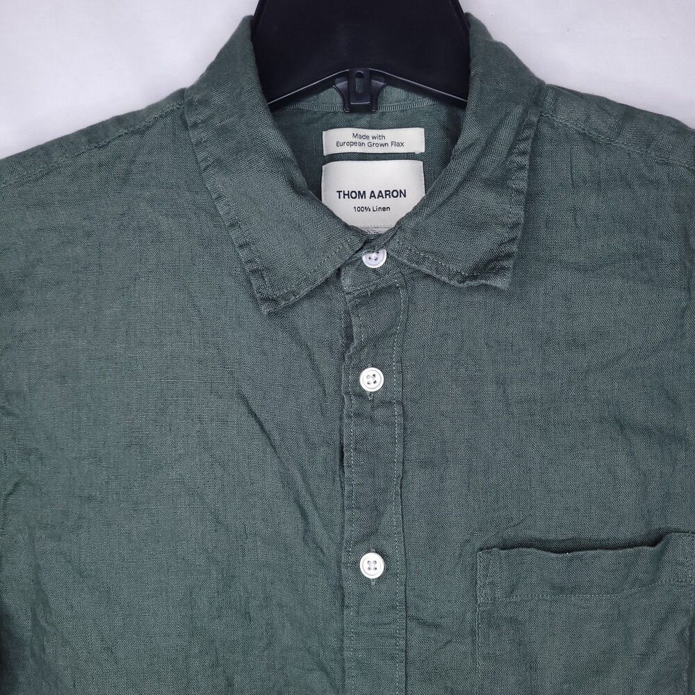 Thom Aaron Linen Shirt Mens Medium Green European Flax Short Sleeve